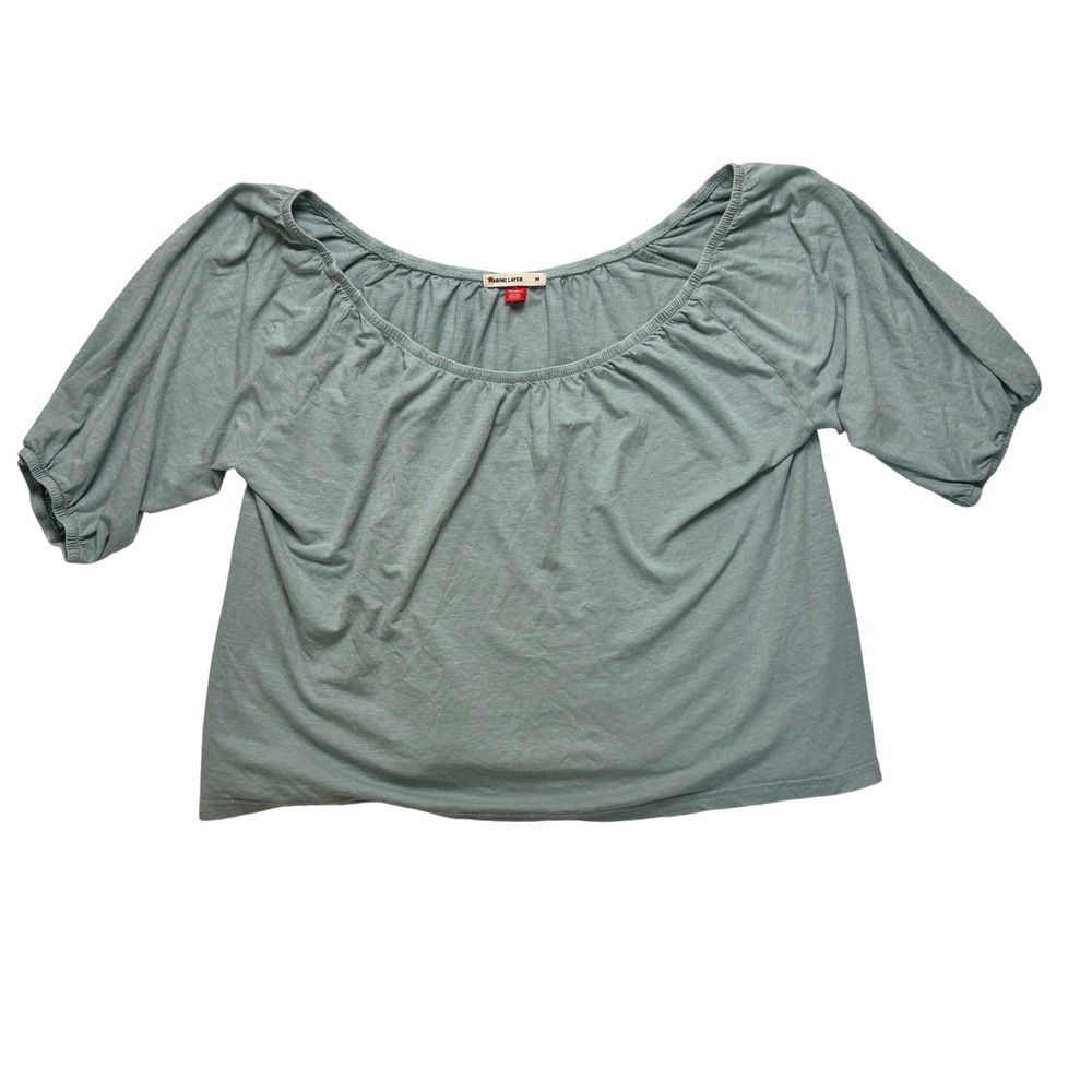 Marine Layer Womens Sage Green Scoop Neck Puff Sleeve Jersey Knit Top Size M